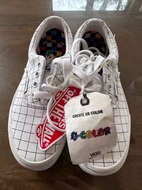 Vans Kids White Canvas Sneakers with Black Grid and Colorful Checker Lining